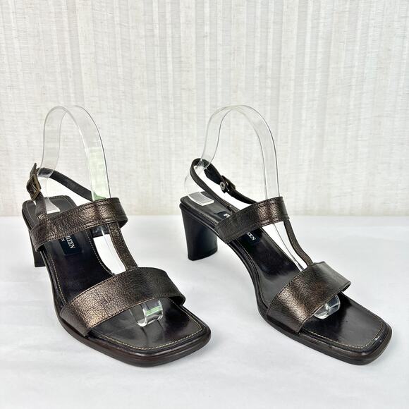 Paul Green Metallic Bronze Brown Square Toe Low Heel Leather Sandals Size 6.5 - Picture 1 of 11